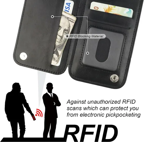 Vista 6 de ONETOP - Funda tipo cartera para iPhone 15 Pro con soporte para tarjetas, anillo de rotación de 360°, bloqueo RFID, piel sintética, doble cierre