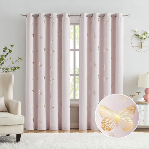 Vista 34 de Jubilantex - Cortinas opacas con diseño de mariposa dorada, 80 % rosa bebé Cortinas opacas 80% rosa lavanda/rosa bebé, estampado de mariposa
