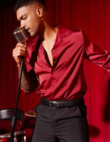 Vista 4 de COOFANDY Camisa de seda de lujo para hombre, camisa de vestir de satén de manga larga con botones brillantes, para baile de graduación, boda, fiesta