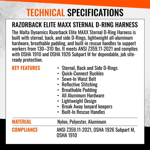 Vista 9 de Malta Dynamics Razorback Elite MAXX - Arnés de seguridad y kit de protección contra caídas con cinturón lumbar cosido y asas de rescate integradas
