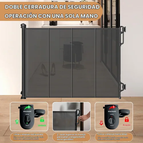 Vista 5 de Spaceany Puerta retráctil reforzada para bebés o puerta de malla para perros, fácil de usar para escaleras, puertas, pasillos, interiores