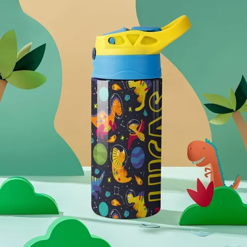 Vista 7 de Artsadd Botella de agua personalizada de dinosaurio para niños, botella de agua con nombre personalizado con pajita, regalo personalizado para niños