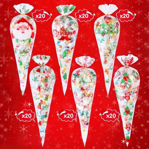 Vista 7 de Konsait 120 bolsas de dulces de Navidad, bolsas de celofán, bolsas de golosinas de cono transparente para galletas con lazos giratorios