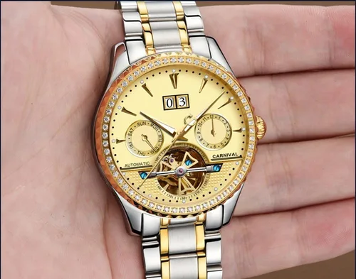 Vista 4 de CARNIVAL Mens tourbillon Multifunction Calendar Sapphire Full Gold Automatic Waterproof Watches