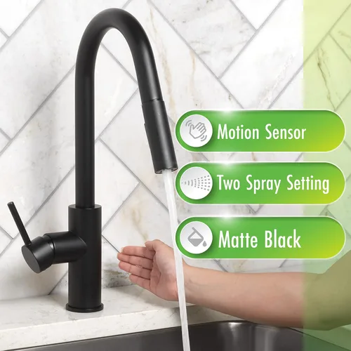 Vista 2 de Homewerks 55-K821S-MB-T - Pulverizador desplegable para grifo de cocina sin contacto manos libres, simple, instalación de 2, 3 o 4 agujeros, negro