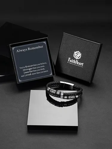 Vista 4 de FaithHeart Pulsera vikinga para hombre, pulsera de cuero trenzado de doble fila con cierre de acero inoxidable, brújula vikinga, pulsera vintage