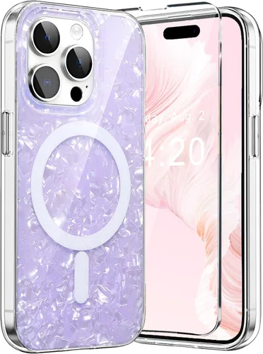 Vista 11 de Funda MagSafe para iPhone 15 Pro para mujeres y niñas, funda magnética iridiscente con purpurina iridiscente de ópalo perlado