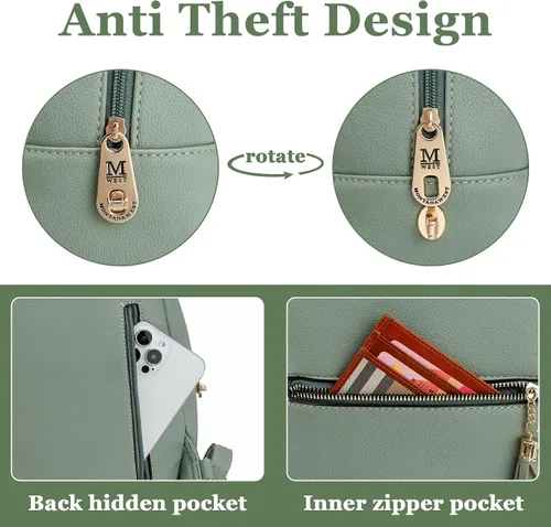 Vista 4 de Mini mochila antirrobo para mujer, bonita mochila escolar para adolescentes y niñas con cremallera segura y borla, forro polar verde con licencia
