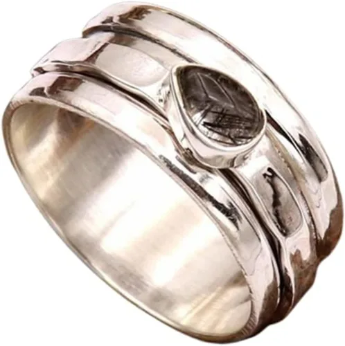 Vista 8 de Gemstone Spinner Ring for Women, 925 Sterling Silver Boho Meditation Band with Amethyst, Moonstone, Opal, Garnet, Gift for Her