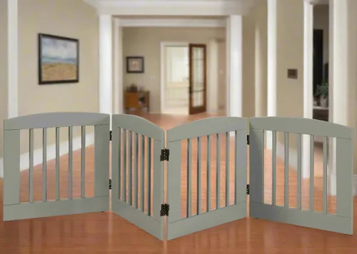 Vista 5 de BarkWood - Puerta independiente de madera para mascotas, expansión de 4 paneles, tamaño mediano, 24 pulgadas de alto, acabado gris