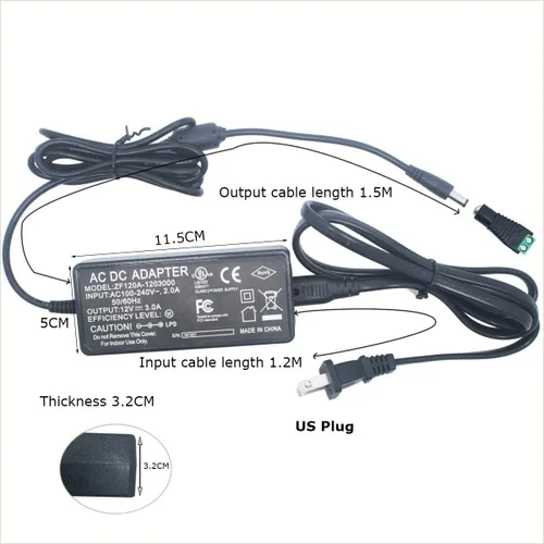 Vista 2 de Fuente de alimentación, transformador LED, 12 V CC 3 amperios, 110 VCA a 12 V CC, salida máxima 3A, 36 W. Enchufe de entrada estándar de 110 VCA