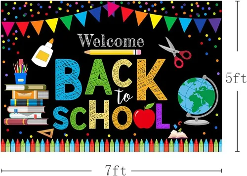 Vista 5 de MEHOFOND Telón de fondo de bienvenida de regreso a la escuela de 7 x 5 pies para niños, preescolar, primer día en persona, escuela, jardín