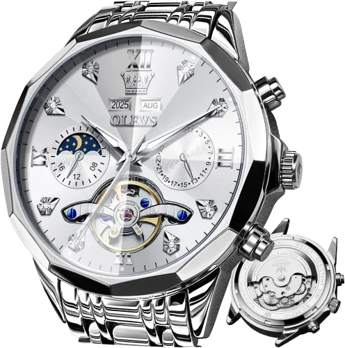 Vista 12 de OLEVS - Reloj Automático de Lujo para Hombre con Diamante, Automático, Multifuncional, Calendario, de Acero Inoxidable, Impermeable, Luminoso
