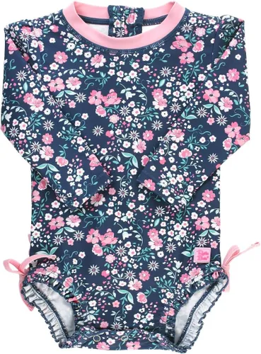 Vista 10 de RuffleButts - Traje de baño de una pieza con protección solar UPF 50+, camiseta de protección floral estampado, manga larga, con cierre zipper