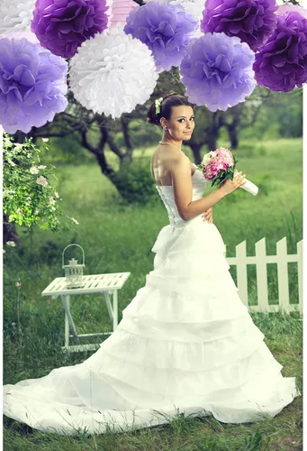 Vista 4 de Juego de decoración de despedida de soltera morada, pancarta de novia para ser blanco, lavanda, morado, papel de seda de gran tamaño, pompones
