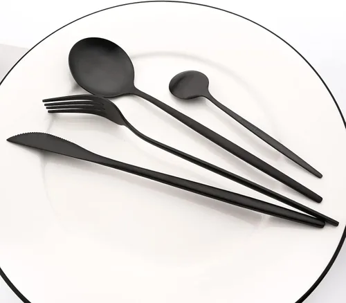 Vista 5 de Juego de cubiertos de 24 piezas con acabado mate, cubiertos básicos de acero inoxidable 18/0 para el hogar, cocina, boda, fiesta y restaurante, Negro
