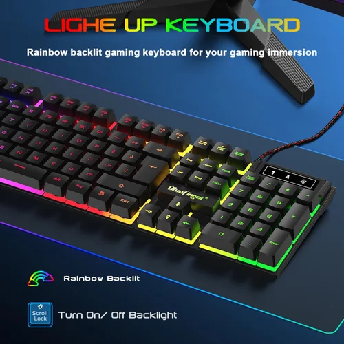 Vista 2 de BlueFinger Teclado para juegos USB con cable de tamaño completo, teclado retroiluminado con arco iris iluminado con teclas multimedia, escritura