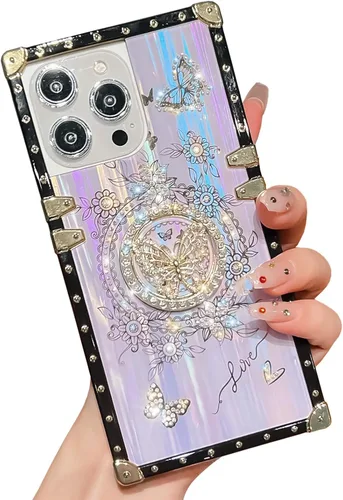 Vista 53 de Funda Rectangular de Lujo Femenina Compatible con iPhone 16 Pro Max Diseñada con Soporte de Anillo de Diamante con Función de Atril