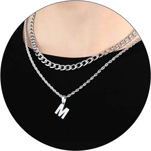 Vista 89 de SENRAN Collar con inicial en capas de la A a la Z para hombre, cadena de cuerda torcida de acero inoxidable de 18 a 20 pulgadas, dije de letra