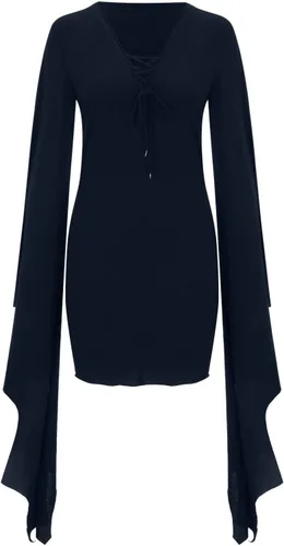 Vista 4 de Disfraces de Halloween para mujer, vestido sexy de manga murciélago, gótico, vintage, mini vestido cruzado, vestido de fiesta de manga larga