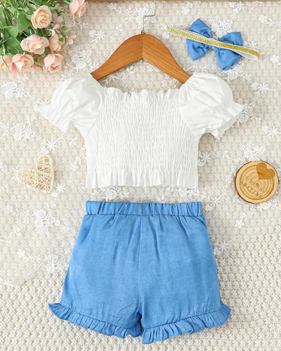 Vista 3 de Mioglrie Ropa para bebé niña con volantes y pantalones cortos, conjunto de ropa para niñas pequeñas