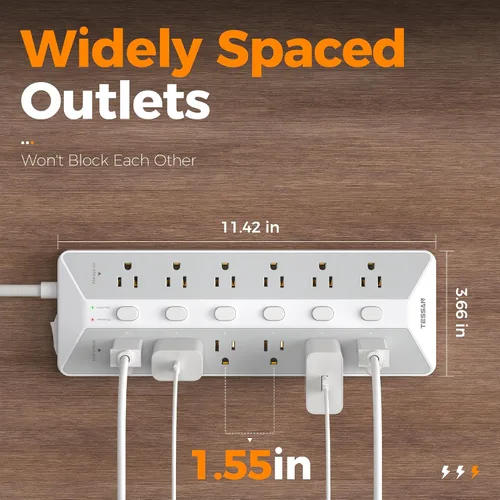 Vista 7 de TESSAN Regleta protectora de sobretensiones, 6 interruptores individuales y 12 tomas, cable de extensión de 6 pies con múltiples tomas, regleta