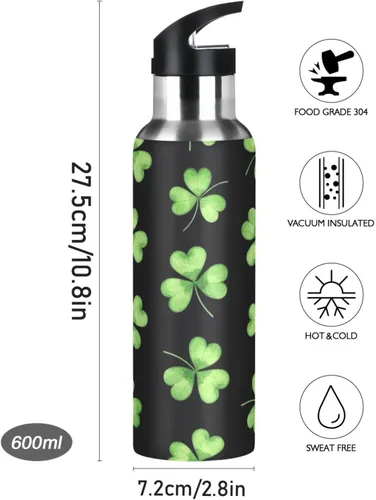 Vista 9 de Green Shamrocks Clovers - Botella de agua de acero inoxidable aislada con popote, 32 onzas, sin BPA, botella de agua deportiva a prueba de fugas