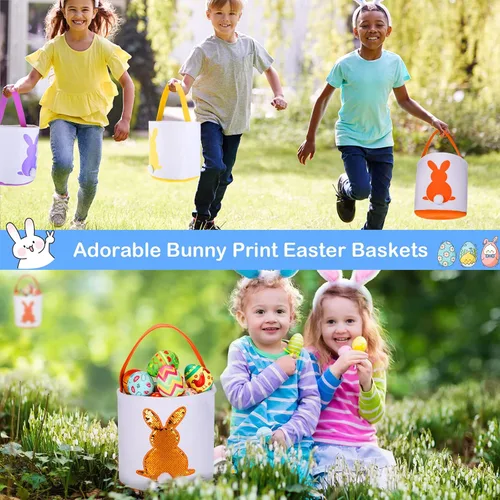Vista 4 de Saintrygo 6 bolsas de cesta de conejo de Pascua para niños, cesta de caza de huevos de Pascua con asa, bolsas de regalo, cubo de transporte, Bright