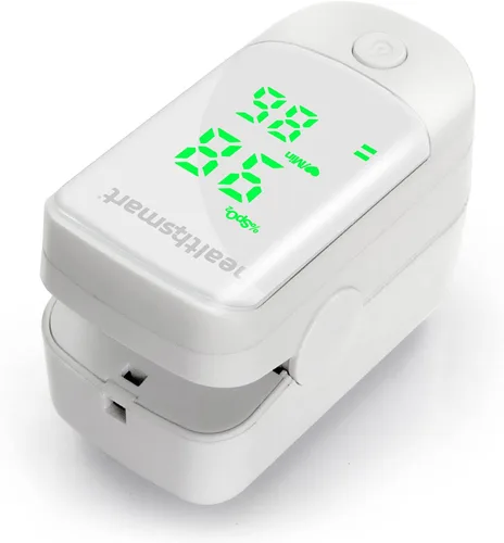 Vista 10 de Oxímetro de pulso HealthSmart para la yema del dedo que muestra el contenido de saturación de oxígeno en sangre, frecuencia de pulso y barra