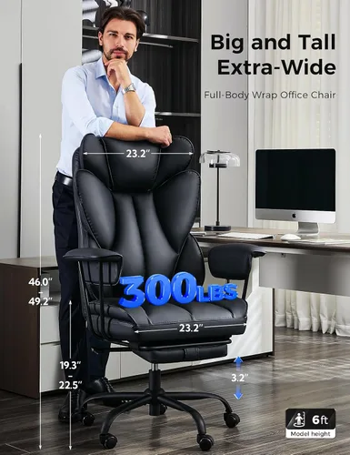 Vista 2 de LukkDys Silla de oficina grande y alta, silla de juegos de cuero con respaldo alto y reposapiés, soporte lumbar, reposabrazos suaves fijos hacia