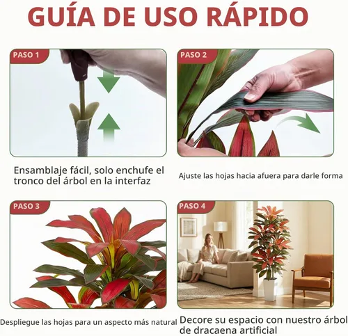 Vista 6 de Árbol de Dracaena artificial rojo de 6 pies, plantas falsas altas Hoja blanco-roja