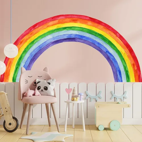 Vista 2 de Calcomanías de pared de arcoíris grandes de acuarela de 70.8 x 33.9 pulgadas, calcomanías de pared de vinilo arcoíris con raspador para niñas