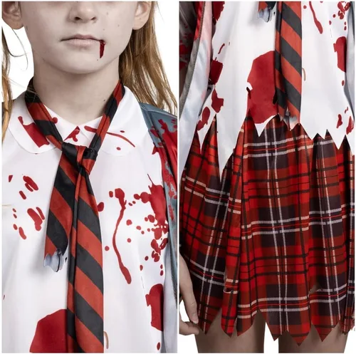 Vista 4 de Spooktacular Creations Disfraz de colegiala zombi, disfraz de zombi sangriento para niños, Halloween, escuela, fiesta de eventos