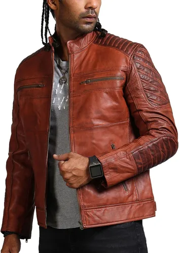Vista 4 de Chamarras de cuero marrón para hombre - Cafe Racer Slim Fit cuero Biker Jacket Hombre