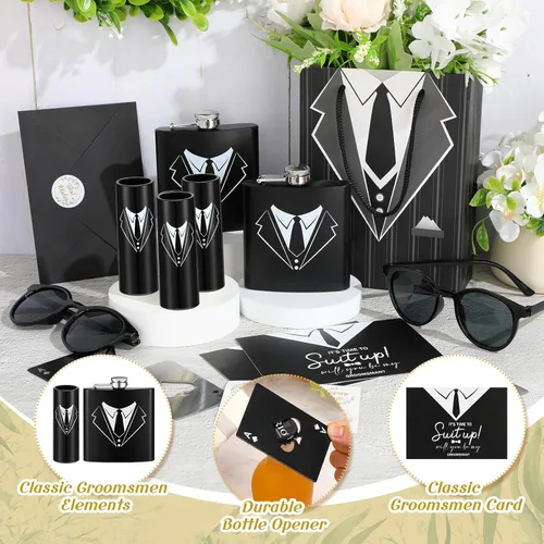 Vista 2 de Bokon 48 piezas de regalos para padrinos de boda para hombres, frasco de esmoquin de acero inoxidable, para padrinos de boda, anteojos de póquer