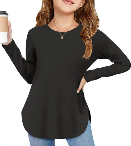 Vista 23 de Arshiner - Camisetas de manga larga para niñas, cuello redondo, dobladillo curvo, abertura lateral, básicas, casuales, de ajuste holgado, tipo