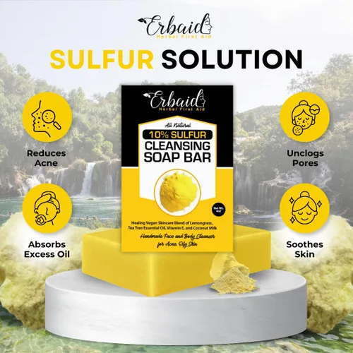 Vista 2 de Barra limpiadora de jabón de azufre 10% para cara y cuerpo, limpiador facial de azufre natural para acné, piel grasa, mezcla de citronela, aceite