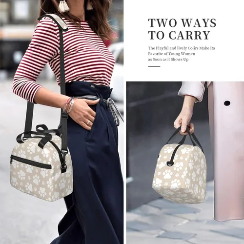 Vista 7 de Perinsto Lindas patas de perro beige bolsa de almuerzo reutilizable aislada bolsa de almuerzo lonchera contenedor con correa ajustable