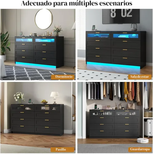 Vista 8 de Cómoda con 8 cajones con estación de carga, cómoda blanca para dormitorio con luces LED, cómoda moderna para armario, organizador de cómodas dobles