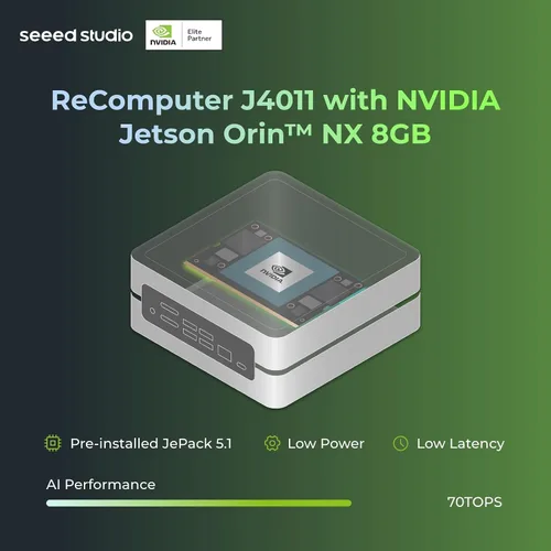 Vista 2 de reComputer J4011-Edge Dispositivo AI con módulo NVIDIA Jetson Orin™ NX de 8 GB, 4xUSB 3.2, M.2 Key E y ranura Key M, carcasa de aluminio, sistema