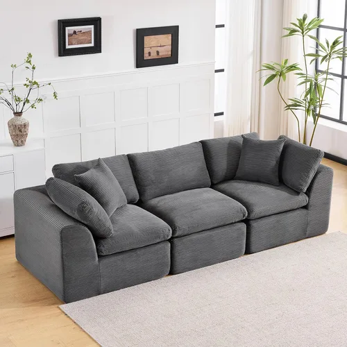 Vista 10 de Sofás de nube beige para sala de estar, sofá deshuesado de 3 plazas, sofá modular seccional, no requiere montaje, tapizado de chenilla, moderno