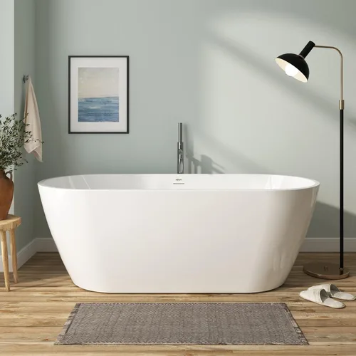 Vista 45 de FerdY Bañera independiente de acrílico Bali de 47 pulgadas, bañera independiente con forma elegante, certificado cUPC, drenaje dorado cepillado