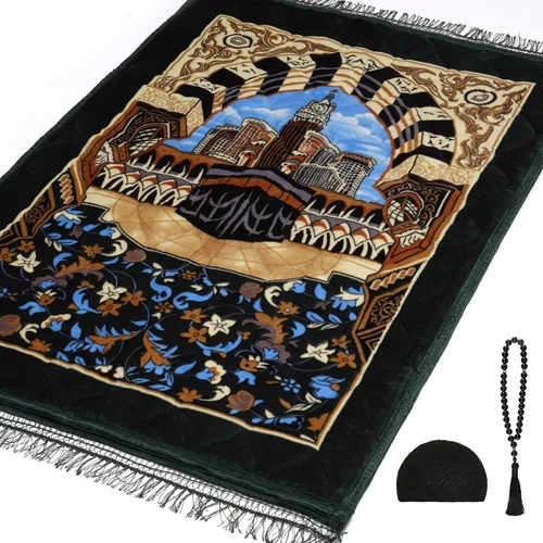 Vista 14 de Alfombra de oración musulmana con cuentas de oración Tasbih y sombrero de kufi, acolchada muy gruesa, alfombra de oración para hombres y mujeres