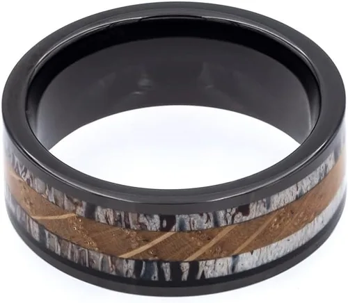 Vista 3 de Wapiti Incrustación de cuerno, turquesa y barril de whisky en anillo de tungsteno con caja de anillo incluida, Cuernos Madera de barril de whisky