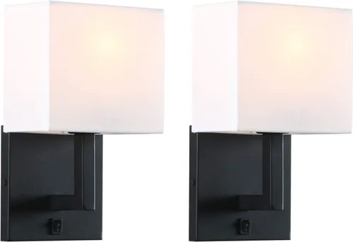 Vista 9 de PERMO Juego de 2 lámparas de pared individual con pantallas textiles blancas y botón de interruptor de encendido/apagado, pequeñas lámparas modernas