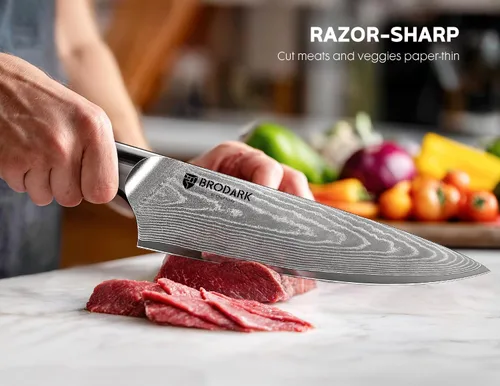 Vista 5 de BRODARK Cuchillo de chef de Damasco de 3 piezas, VG10 de acero de espiga completa afilado, juego de cuchillos de chef japonés profesional