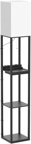 Vista 5 de Lámparas de pie para sala de estar, lámpara de pie alta con estantes y cajón, 2 puertos de carga USB y 2 tomas de corriente, bombilla LED brillante