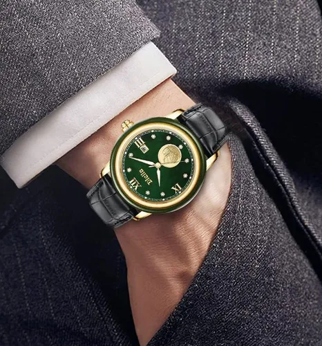 Vista 6 de Diella Luxury Dress Watches for Men with Japanese Quartz Movement, Men's Classic Wrist Watches with Black Leather Band, Dark Jade, Gold and Steel