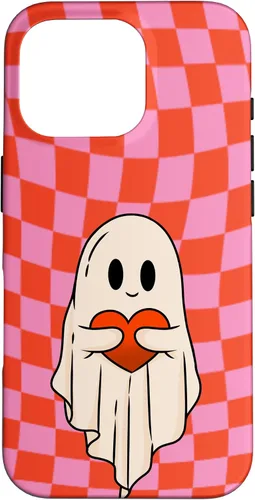 Vista 20 de Funda para iPhone 17 de San Valentín Retro Ghost Hugging Heart Checkerboard Rosa Rojo