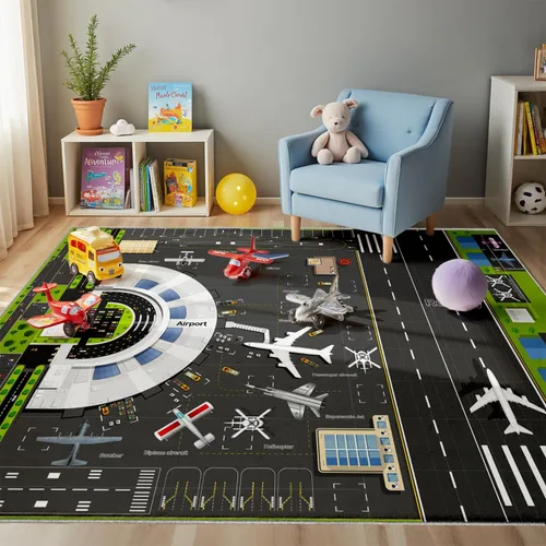 Vista 9 de Alfombra de Juego Redonda de 3.3 pies para Niños con Carreteras de la Ciudad - Alfombra de Lana Sintética Antideslizante con Diseño Interactivo